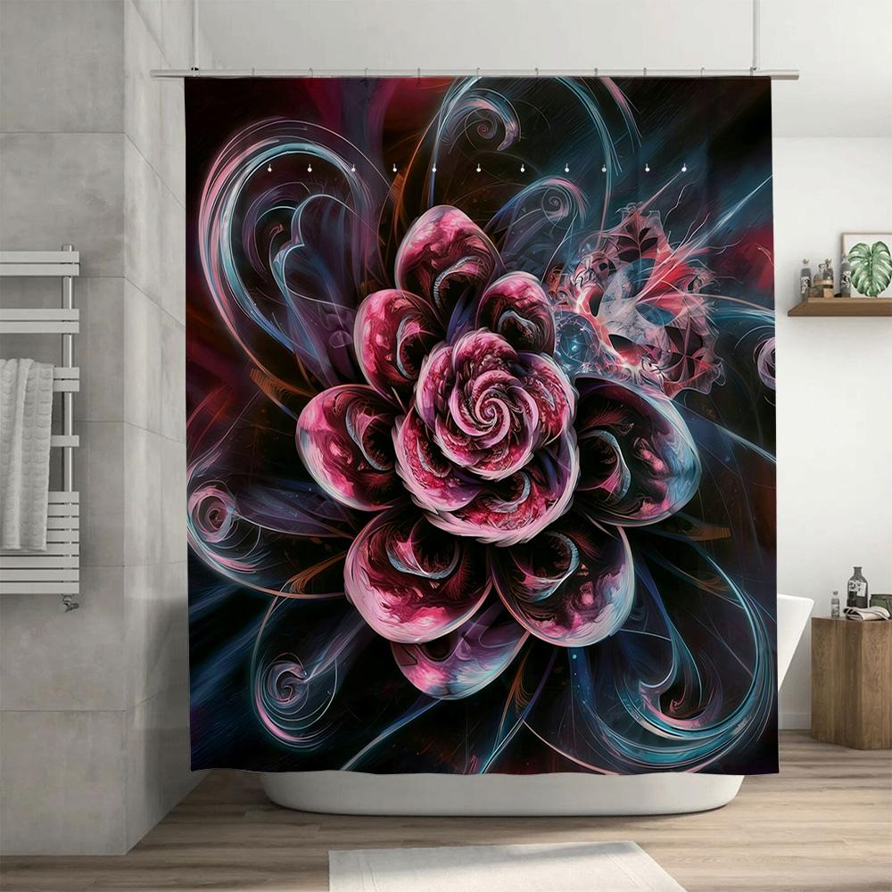 Luxury Floral Printed Shower Curtain Black Pink Blue Swirl Pattern Decorative Water Repellent Polyester Bath Rug Liner Set For B