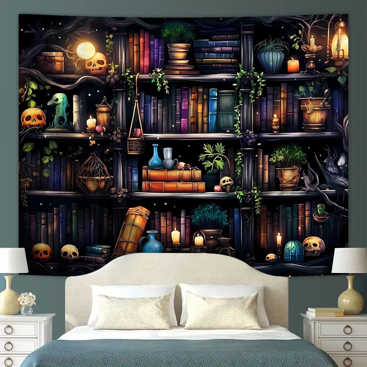 Bookshelf Tapestry Magical Gothic Bull Skull Witch Retro Plant Mystical Educational Bookshelf Tapestry Home Decor 100X70CM