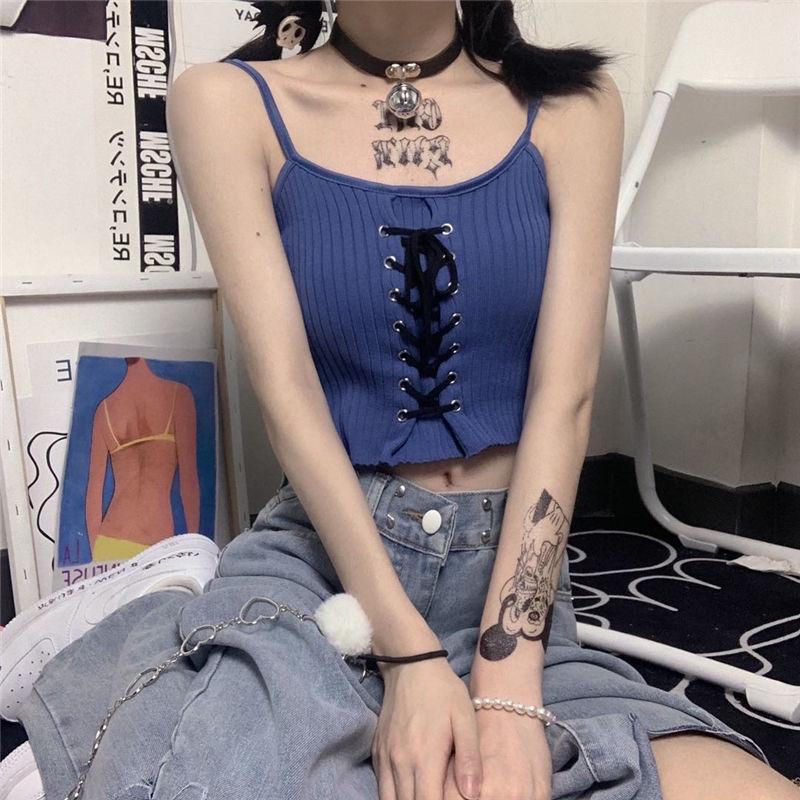 Gothic Grunge Y2k Crop Top bez zad Rukávový Dámský Kawaii Roztomilý Bílý Pletený Tílka Tank Topy Letní Móda Vesta Dámské Šněrovací Oblečení