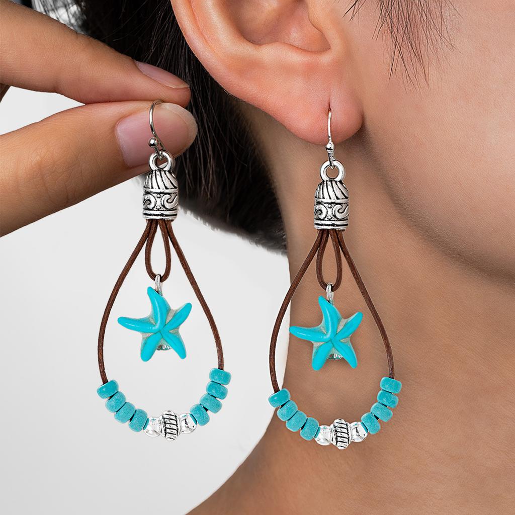 1 Pair Bohemian Style Alloy Plum Blossom Pendant With Turquoise Beads, Double Layer Dangle Earrings, Vintage Fashionable Jewelry Gift For Women