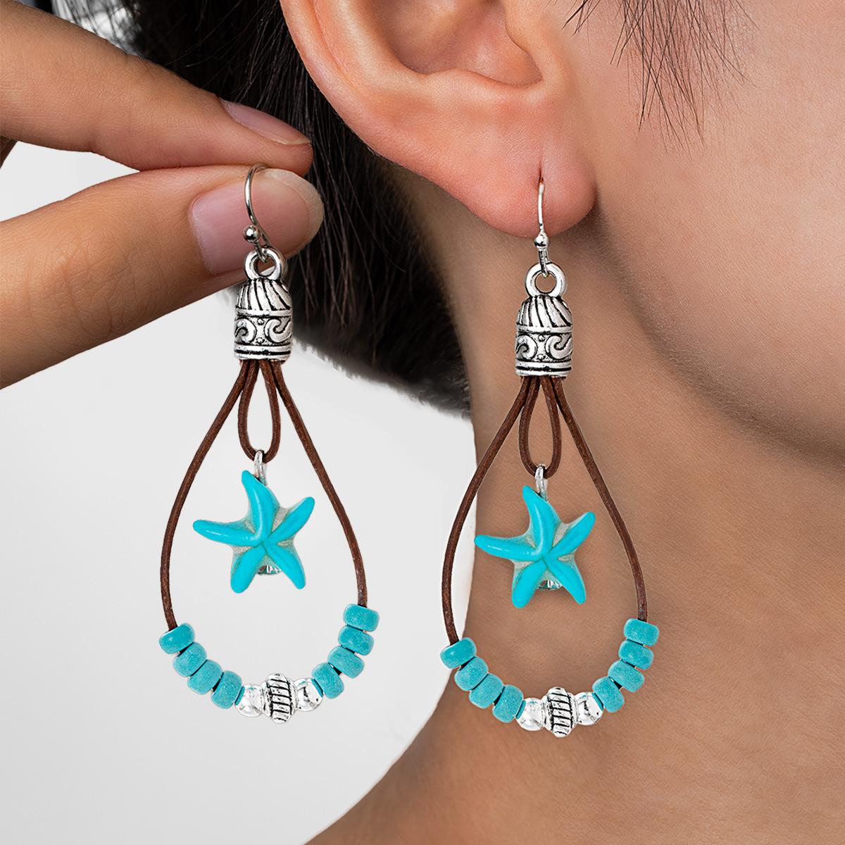 

1 Pair Bohemian Style Alloy Plum Blossom Pendant With Turquoise Beads, Double Layer Dangle Earrings, Vintage Fashionable Jewelry Gift For Women one-size