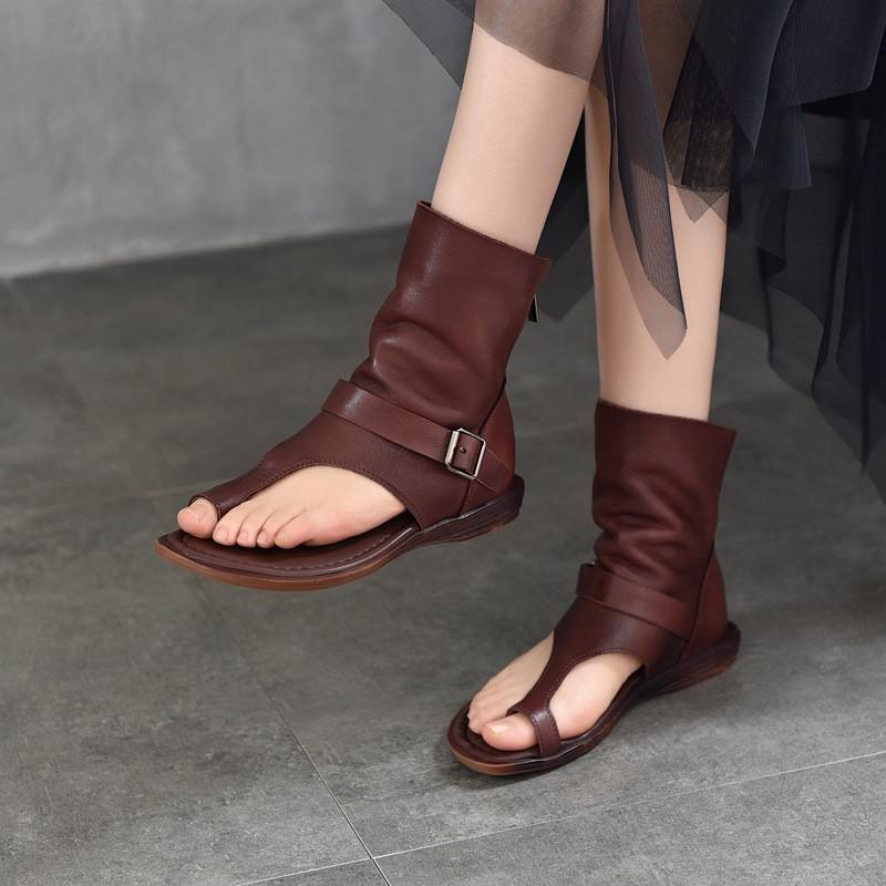 Johnature Women'shoes Roman Sandals Fashion Versatile Flat Genuine Leather Peep Toe Short Boots