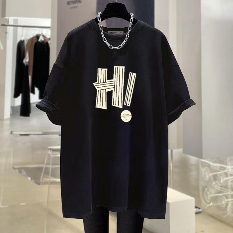 Neuer Sommer Koreanischer Stil Hong Kong Stil Design Buchstaben Trendige Große Version Locker Grau Kurzarm T-Shirt für Damen Mittellang