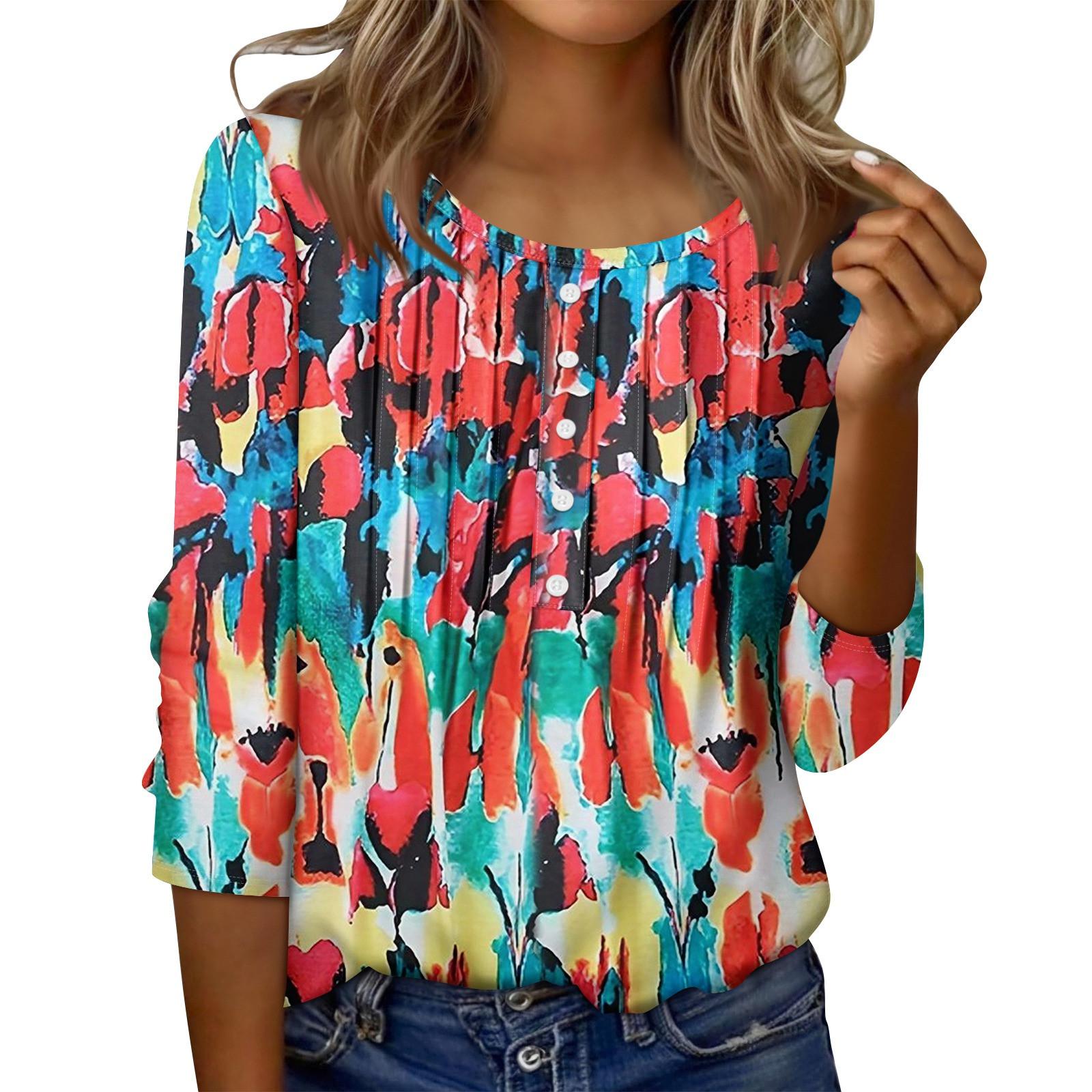 

Женский топ с круглым вырезом, декоративными пуговицами и полосками, повседневная футболка однотонного цвета с рукавом 3/4 XL арбуз красный