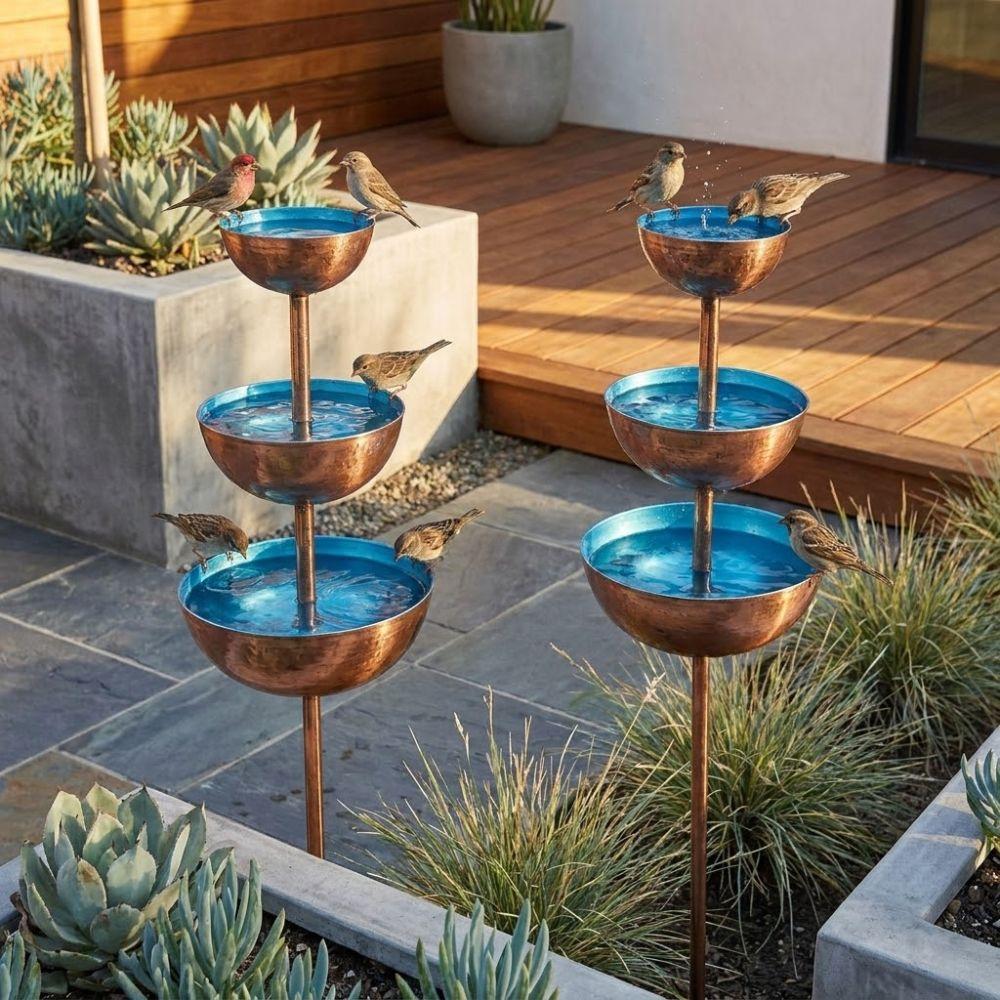 Vintage Iron 3-Tiered Bird Bath Three-layer Bowl Handmade Bird Water Bowls Garden Stake Decorative Garden Rain Catcher
