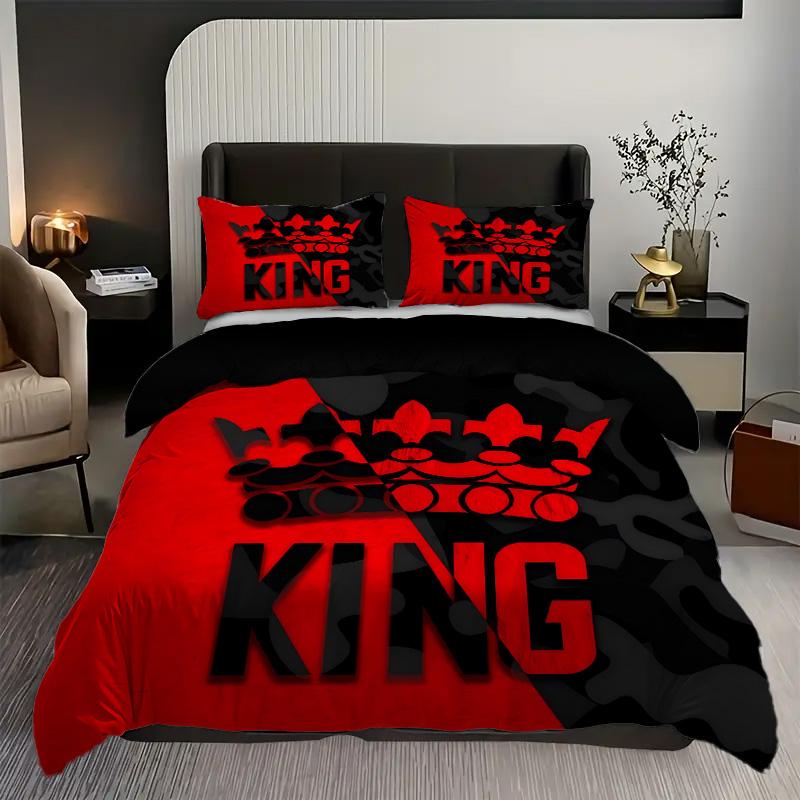 

King S Crown Pattern 3D Printed Bedding Cover Red Black Couple Style Duvet Cover Set Soft Comfortable Polyester Quilt Cover Set 135x200cm 2pcs