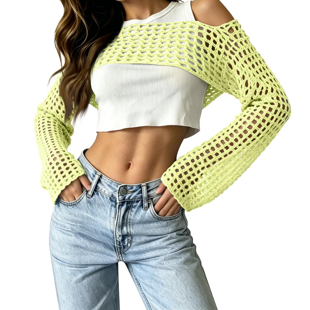 Women's Sunscreen Hollow Long Sleeve Backless Bikini Beach Dress Knit Sweater Cover-Up