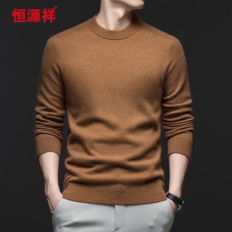 Hengyuanxiang Men's 100% Cashmere Thick Round Neck Sweater