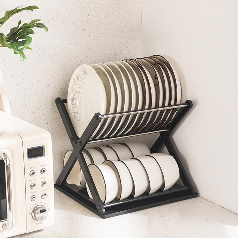 X-Type Plastic Bowl Rack Kitchen Double-Layer Storage Rack Household Bowl Tray Drain Rack Multi-Functional Dish Storage Rack
