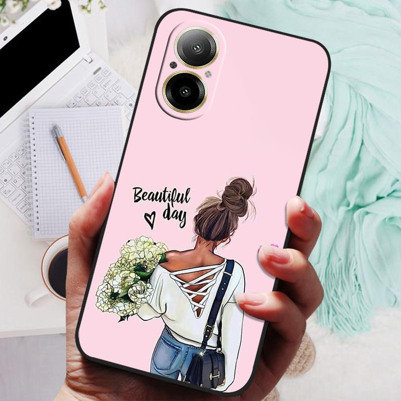 Für Realme C67 4G Hülle RMX3890 Beliebte Blumengemalte Abdeckung Silikon Handyhülle Für Realme C67 C 67 RealmeC67 4G Weiche Taschen Schwarz