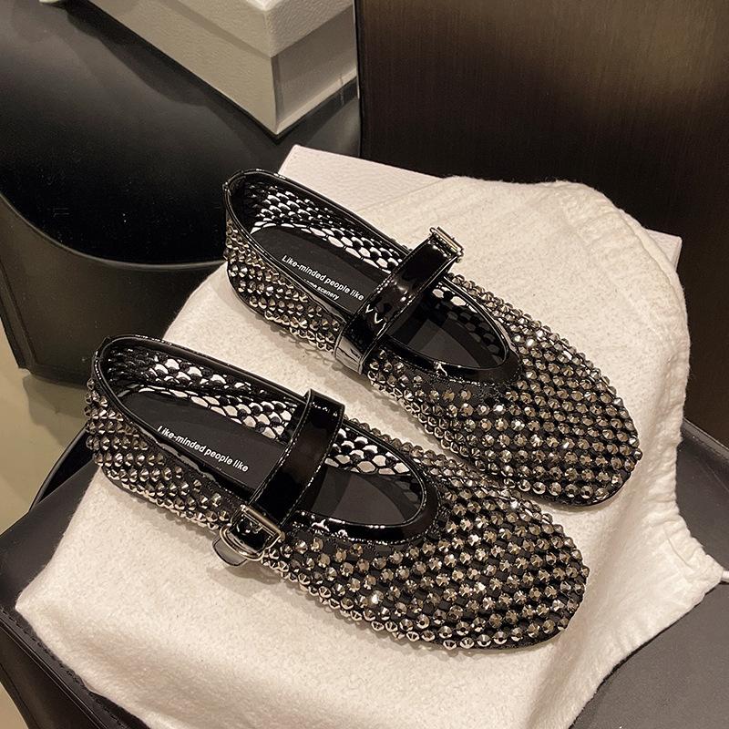 

Модные сетчатые туфли-балетки Мэри Джейн с пряжкой на одно слово, на плоской подошве, с блестящими бриллиантами, новые 2025, дышащие, одинарные туфли, женская обувь 40 чёрный