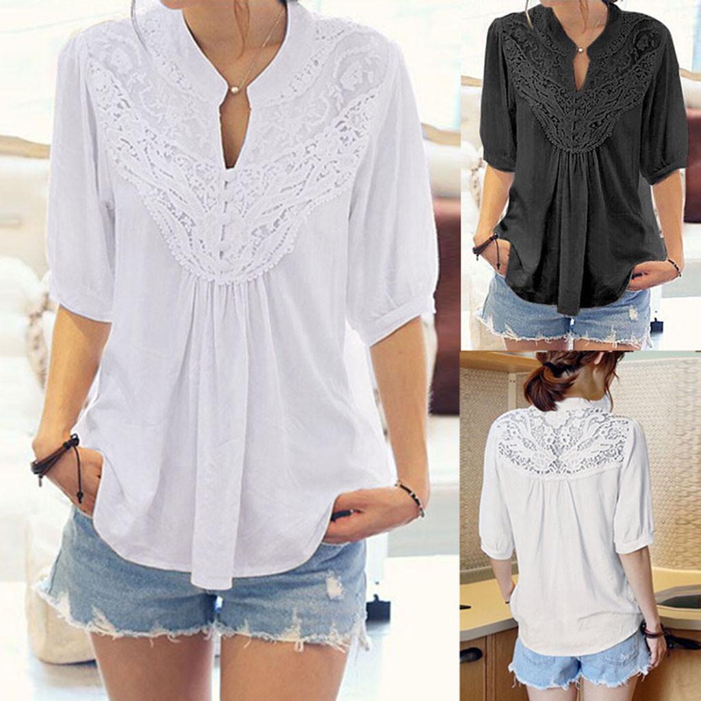 Buy Fashion Womens Lace Haft Sleeve Casual Blouse Loose Chiffon Tops T ...