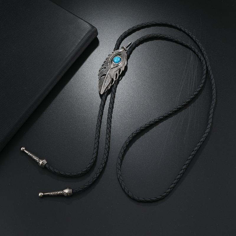 Poirot tie vintage sweater chain metal petal feather turquoise personality necklace bolo tie adjustable necklace