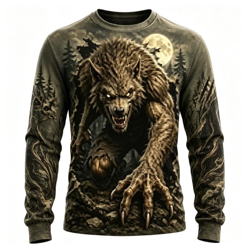 Men's Long Sleeve T-Shirt Werewolf Full Moon 3D Print Gothic Horror Crew Neck Casual Top