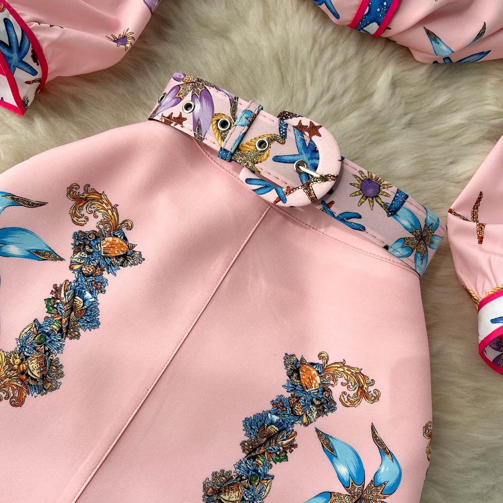 Spring Lace Stitched Long Sleeve Printed Shirt + Waist Bag Hip Pleated Fishtail Skirt Two-Piece Suit