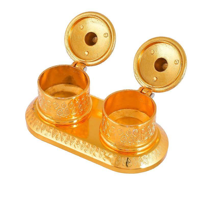 Golden Metal Kumkum Holder/Kumkum Box for Gifting,Pooja, Thali, Mandir, Home, Temple, Gifting Golden Kumkum Box with Laxmi Maa (Round Kumkum)