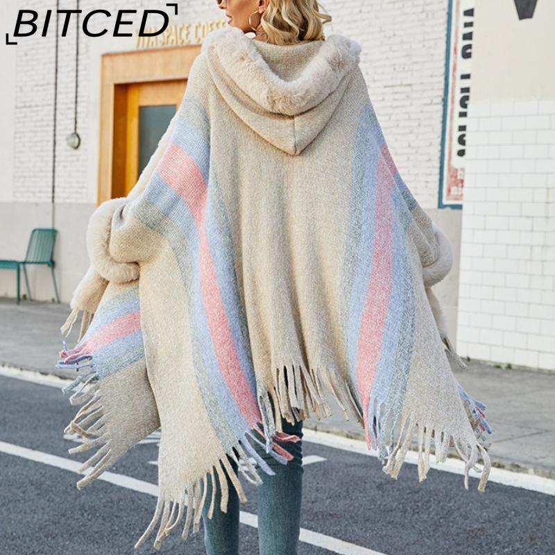 BITCED Hooded Cape Women's Fall/Winter Striped Knit Fringe Shawl