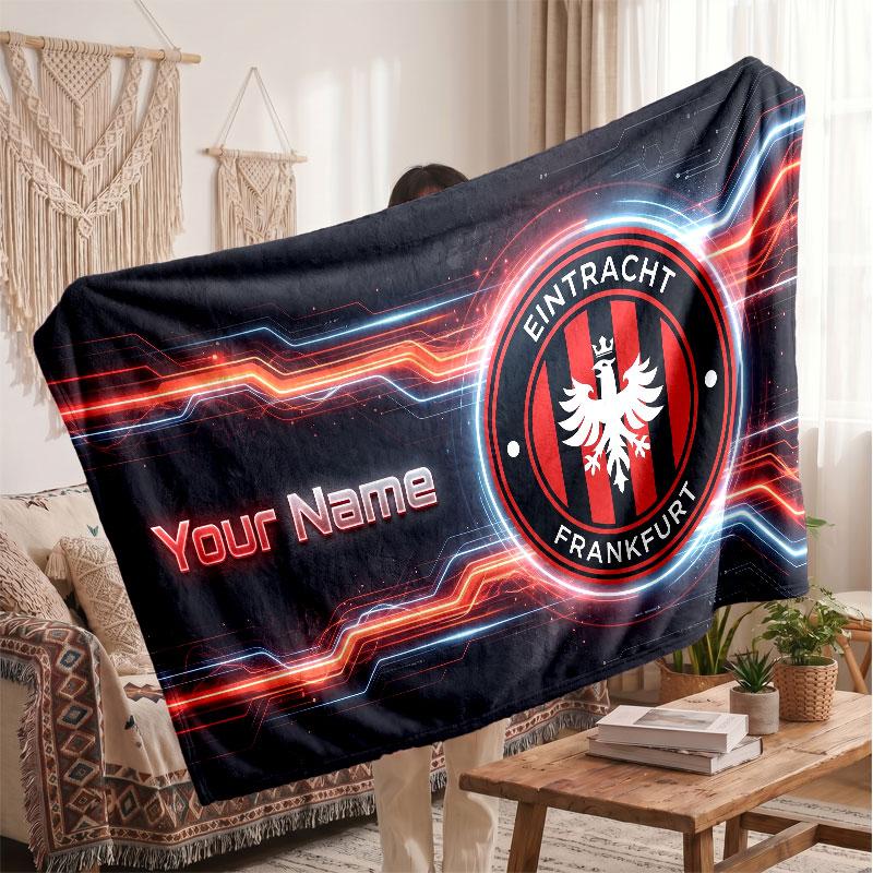 Couverture polaire personnalisée Eintracht Frankfurt avec logo de football, texte de nom personnalisé, couverture jetée douce et chaude pour la maison
