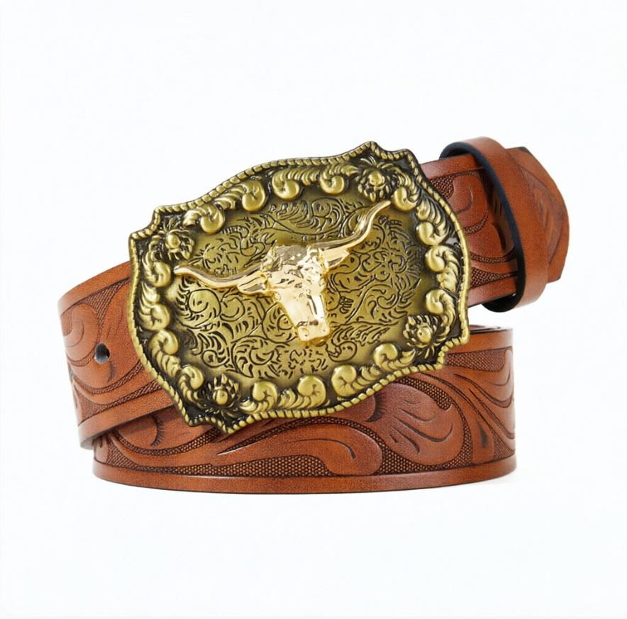 Men's Western Retro Cowboy Belt with Large Buckle - Trendy Street Style Waistband