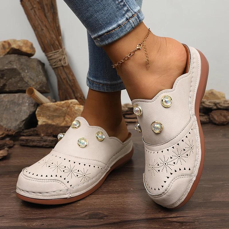 Women's Comfort Thick Sole Casual Slippers Fashion Pearl Decor Closed Toe Sandals Woman Summer Outdoor Lightweight Half Slippers