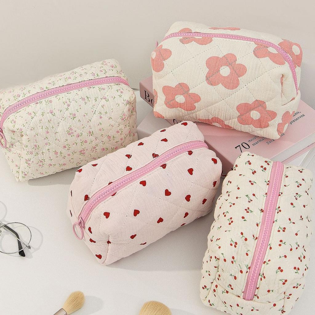 Floral Heart Print Cotton Makeup Bag For Women Travel Large Capacity Cosmetic Storage Bag Wash Pouch Student Stationery Pen Bag