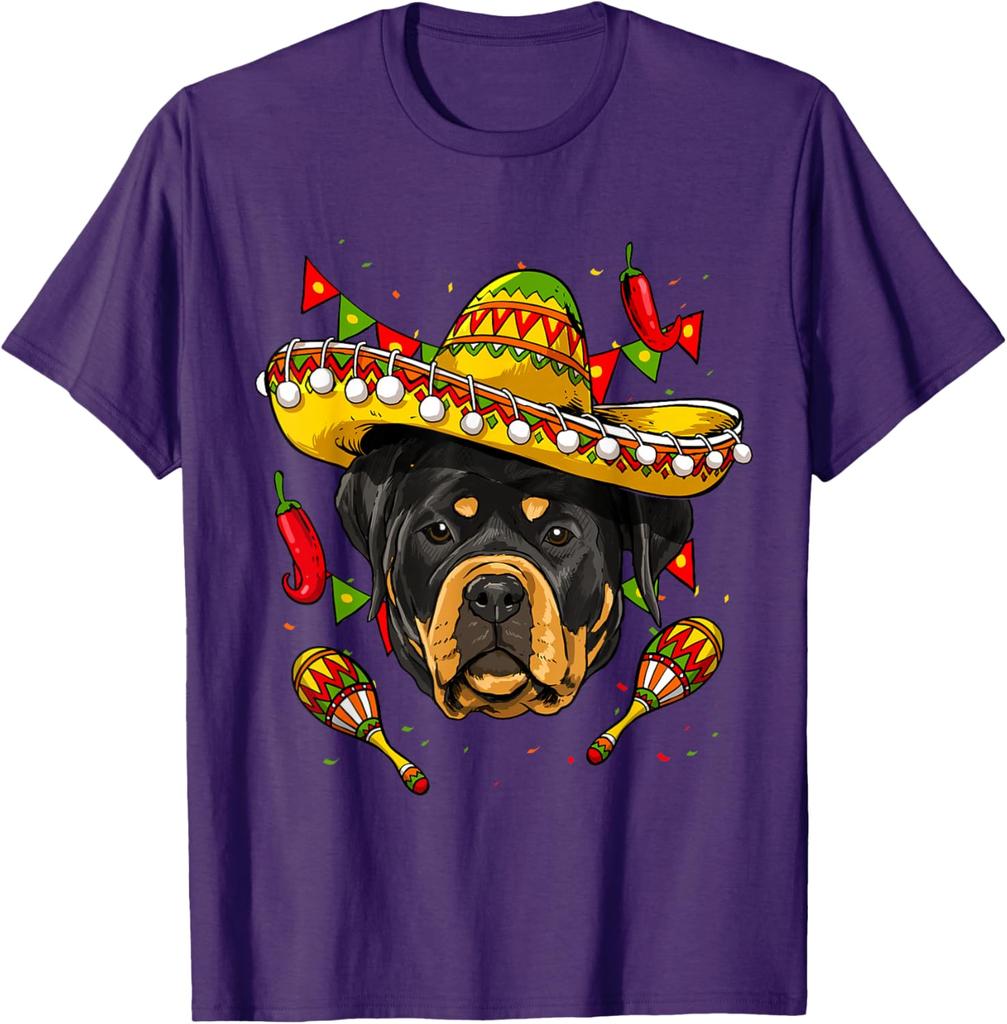 Cinco De Mayo Rottweiler Sombrero Dog Graphic Tee Casual Cotton Short Sleeve T-Shirt for Men Women
