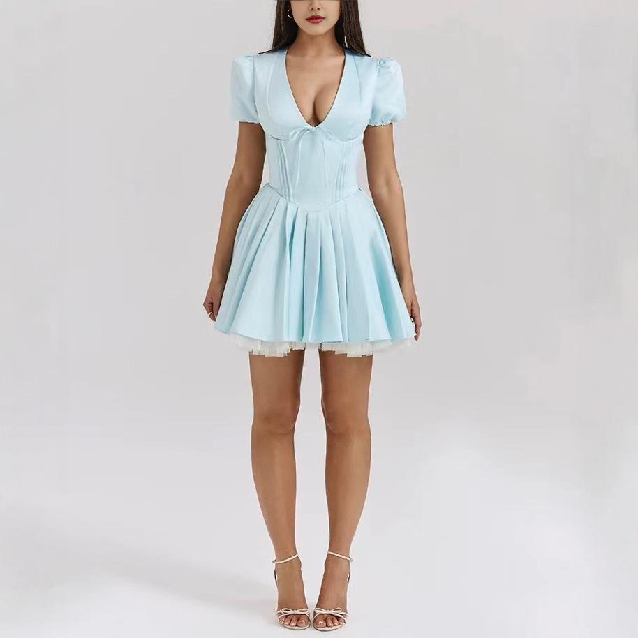 

2024 Pastoral Spring/Summer Puff Sleeve Deep V Dress for Girls Small