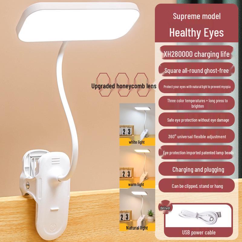 LED Desk Lamp with Flexible Hose and Clip, Dual Power Options for Student Reading