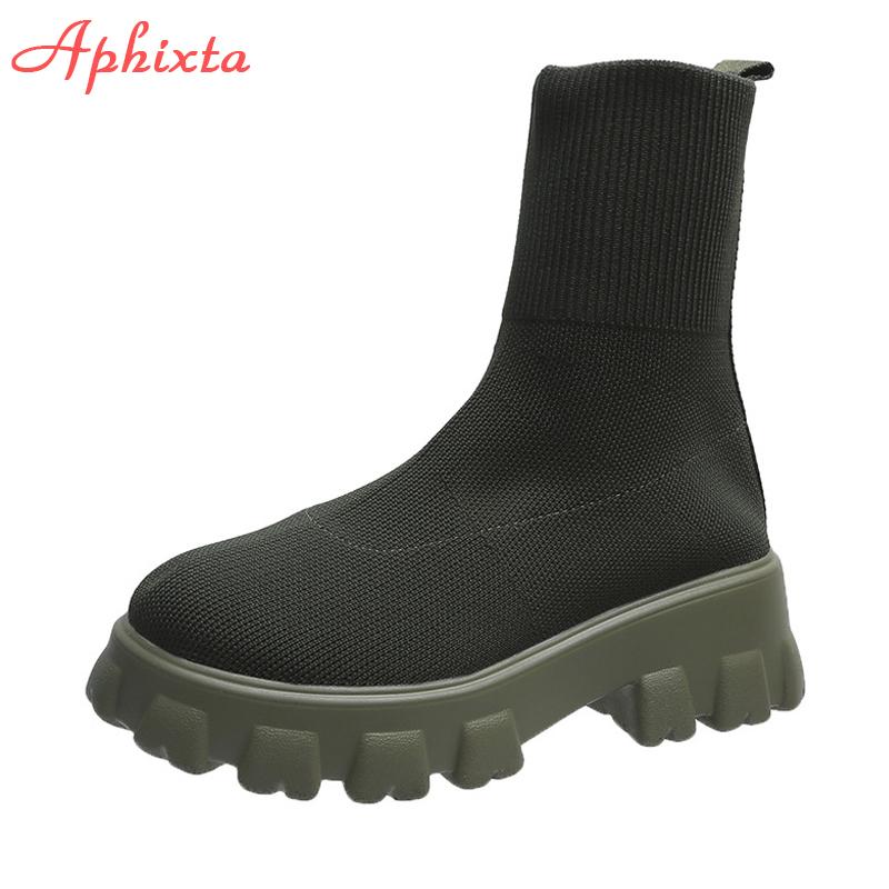 Aphixta Autumn New Stretch Fabric Socks Shoes Woman Casual Platform Boots Net Red Knitted Short Boots Women Plus Size Booties