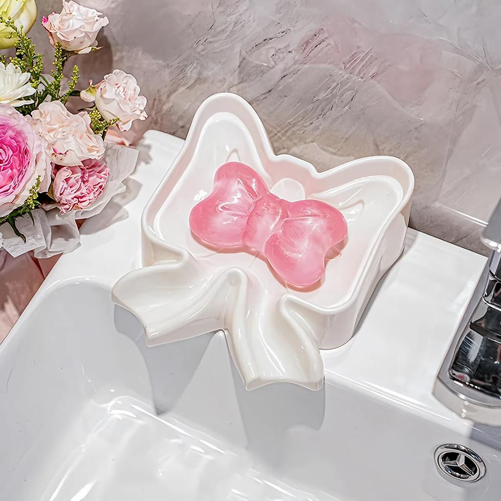 Kreative, exquisite, süße und schöne Schleifen-Seifenbox, Seifenbox für den Heimgebrauch, zartes und luxuriöses Badezimmer, Seifenablage mit Abfluss
