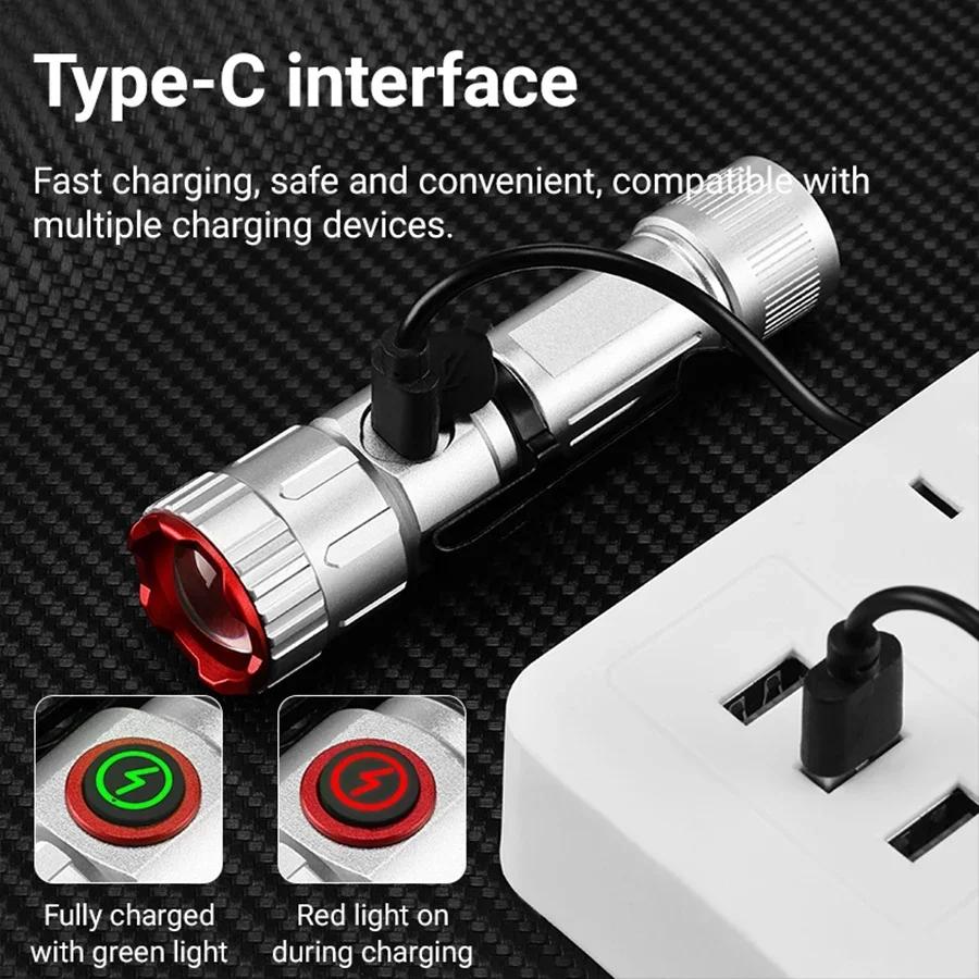 White Laser LED Flashlight Portable Mini Type C Rechargeable Outdoor Pocket Torch Built in Battery Lamp Waterproof