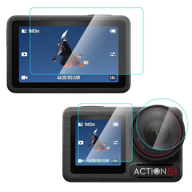 

For DJI Osmo Action 5 Pro PULUZ 3-in-1 Lens Front and Back Screen Tempered Glass Explosion-proof Film (Transparent) прозрачный