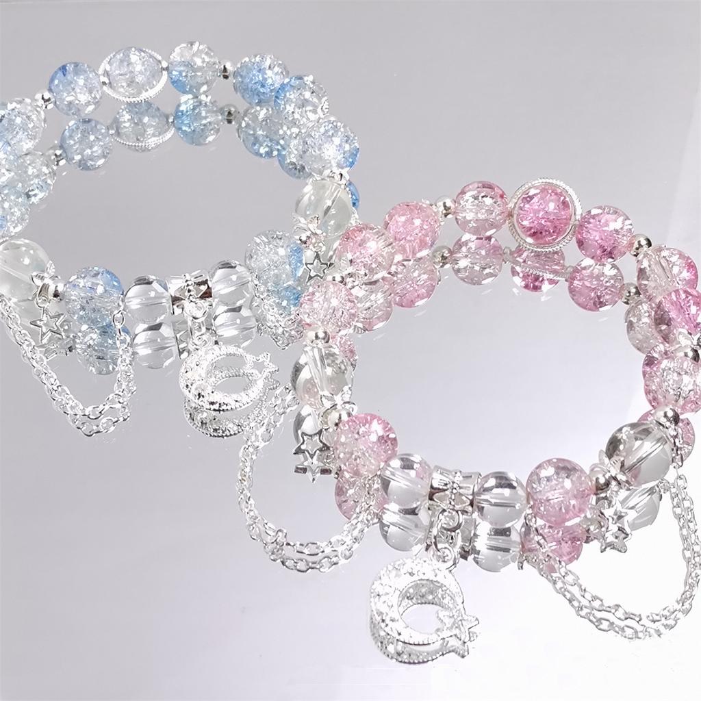 Vendita Calda Braccialetti con Perline in Cristallo Flesso Cristallo Crepato Fiore Esploso Stella Luna Nappa Argento 8mm per Donne Ragazze 1418