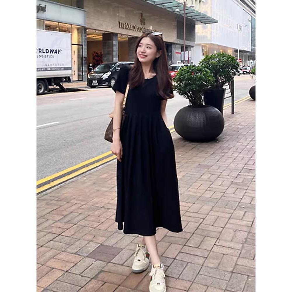 French small short-sleeved t-shirt dress women's new summer women's clothing Hepburn style waist and thin dress