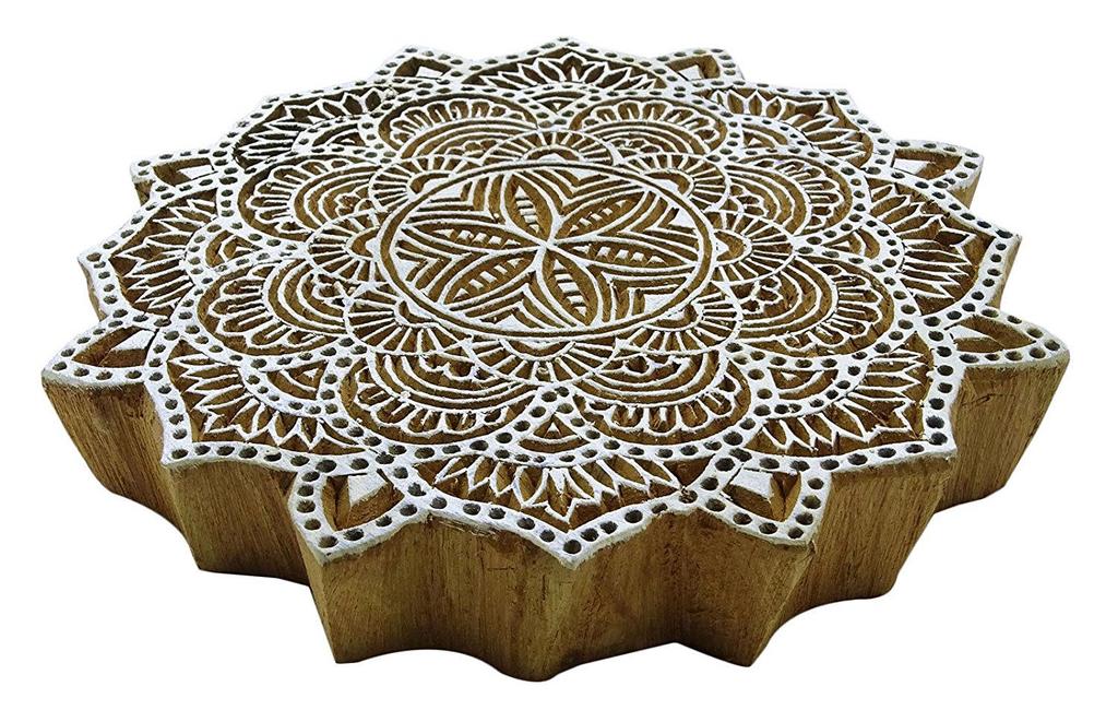 Wooden Textile Stamp Block Print Brown Hand Carved Floral Stamp Printing