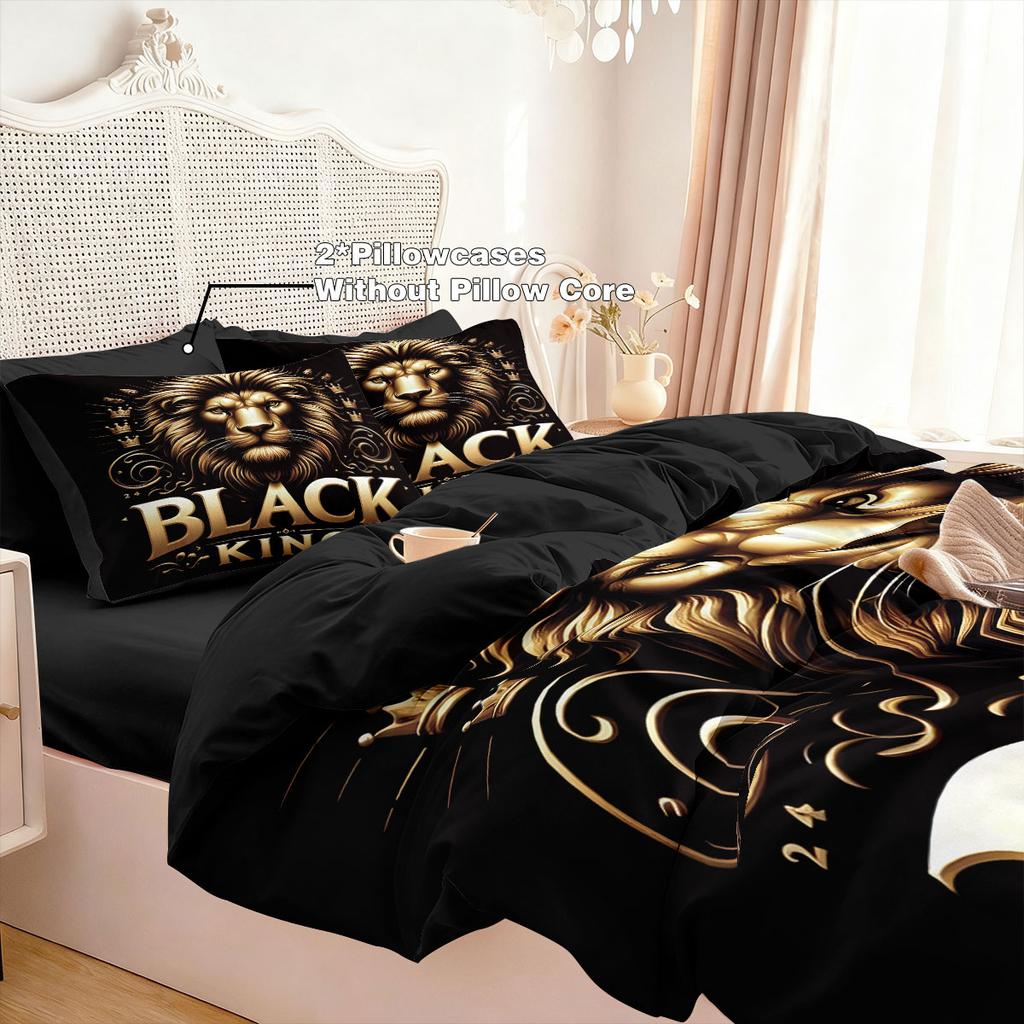 3pcs Lion Black King Printed Chipless Bedding Set Multi Size Bedroom Bedding Holiday Decor Machine Washable
