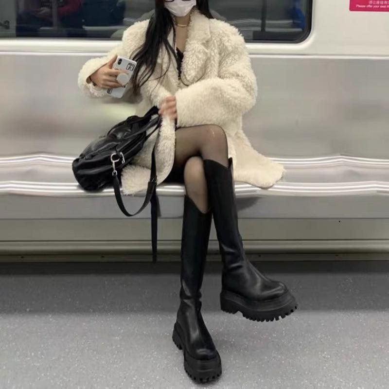 Spice Girl Ritterstiefel 2025 neue Stiefel Damen Herbst und Winter dicksohlige erhöhende Lederstiefel hochelastische dünne Stiefel