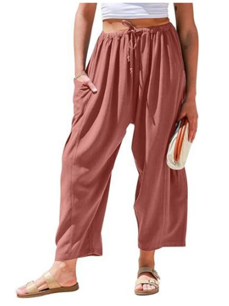 Elastic waisted pleated high waisted wide leg pants, loose casual cotton and linen pants
