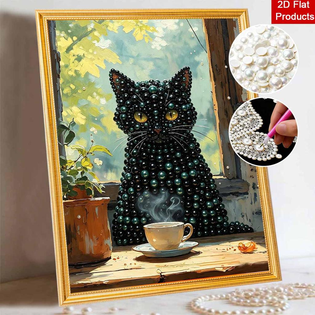 DIY Framed Pearl Bead Art Kit Black Cat Coffee Cup Pattern Sparkling Canvas Painting Set Relaxing Handmade Craft Gift Decor Home Supplies