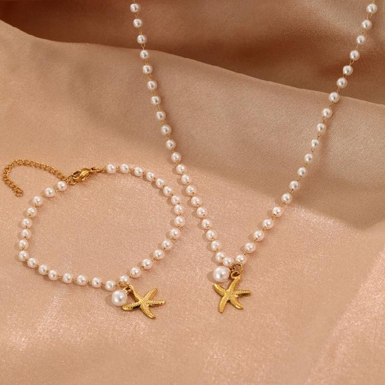 Seashells Style Starfish Pearls Necklace Bracelet Stainless Steel Adjustable Jewelry Gift for Beach Lovers