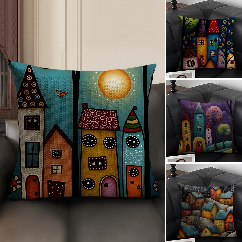 Bemaltes Waldhaus Kissenbezug Natürlicher Leinen Bio-Stoff Doppelseitiger Druck Sofa Heimdeko Geschenk Kissenhülle
