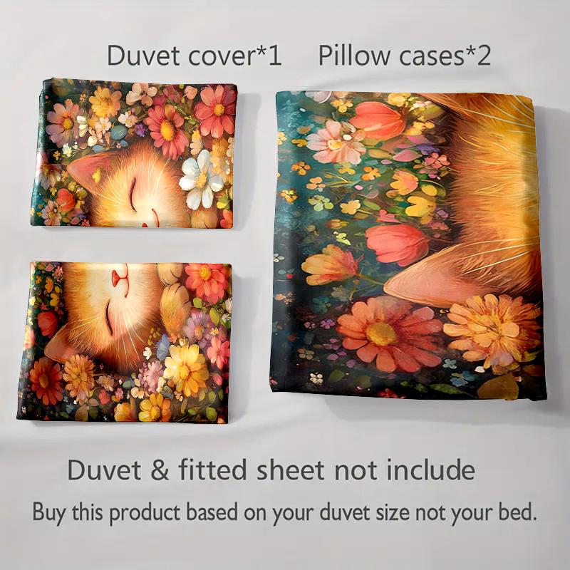 Smiling cat flowers Bedding Duvet cover sets Duvet covers Pillowcases gifts (1 * Duvet Cover 2 * Pillowcases, without duvet insert)