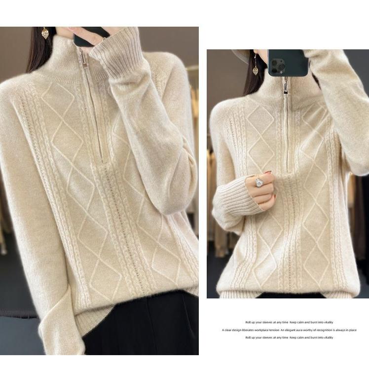 Autumn Winter Women's Stand Collar Sweater Solid Color Pullover Sweater Knit Top