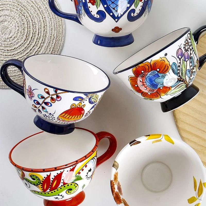 Ceramic Breakfast Mug European Pastoral Style Bone China Coffee Mug Creative High Foot Flower Teacup Home Drinkware Water Cup