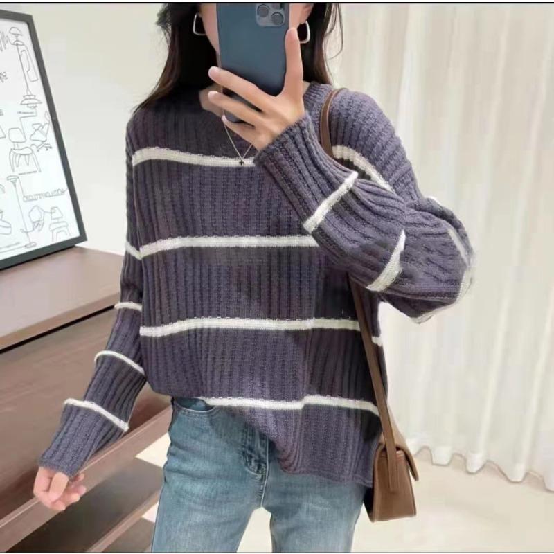 Spring and Autumn Women's Striped Sweater Top Knitted Sweater Round Neck Women's Clothing