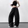 Women's Solid Color Wide-Leg Cargo Pants with Drawstring and Cuffs - Spring Summer 2025 High-Waist, Loose, Floor-Length