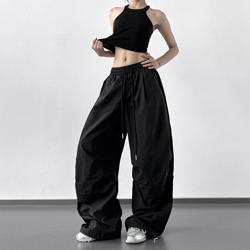 Women's Solid Color Wide-Leg Cargo Pants with Drawstring and Cuffs - Spring Summer 2025 High-Waist, Loose, Floor-Length