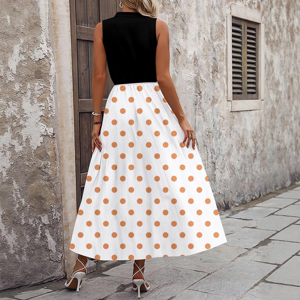 Dámské ležérní a módní šaty střední délky bez rukávů s potiskem a výstřihem do V