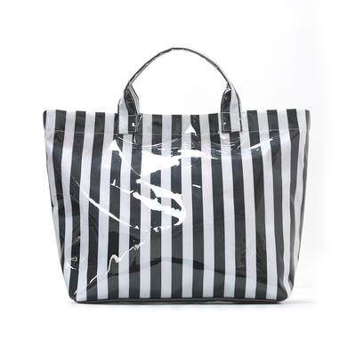 Striped PVC Tote Bag Large Capacity Commuter & Travel Shoulder Handbag Lightweight Travel Shoulder Bag with Inner Zipper Pocket