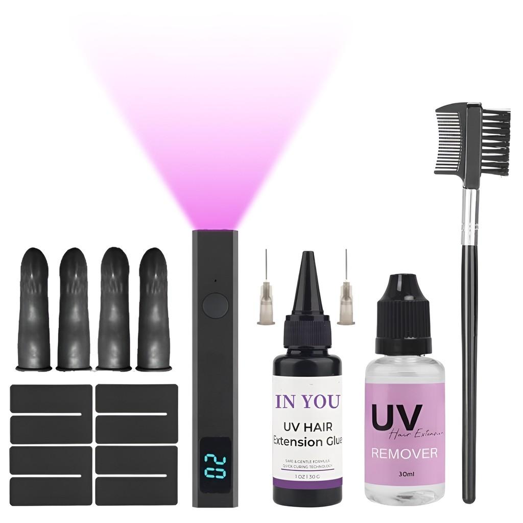 Professional UV Hair Extension Kit - Complete Salon System,UV Lamp, 30g Glue & Remover,Home Hair Salon Quality